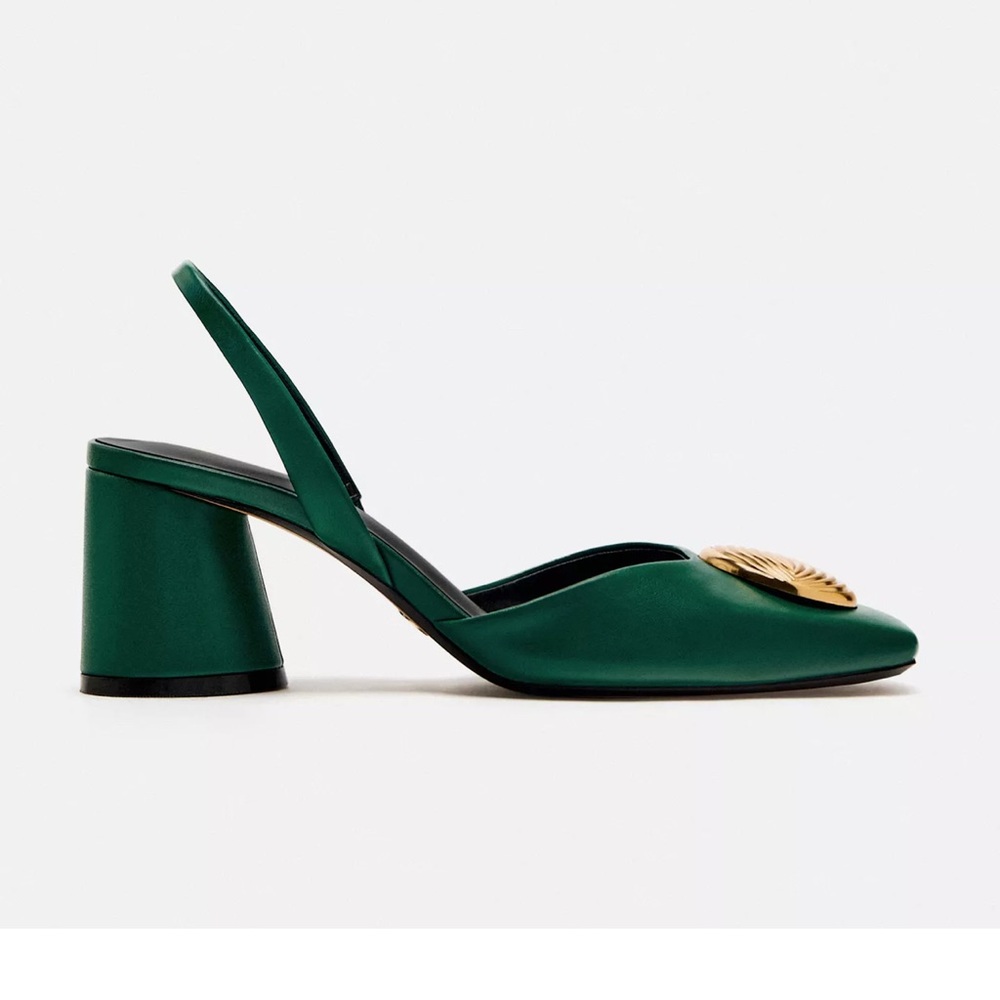 Elegant Leather Green Slingback Heels - ZARA